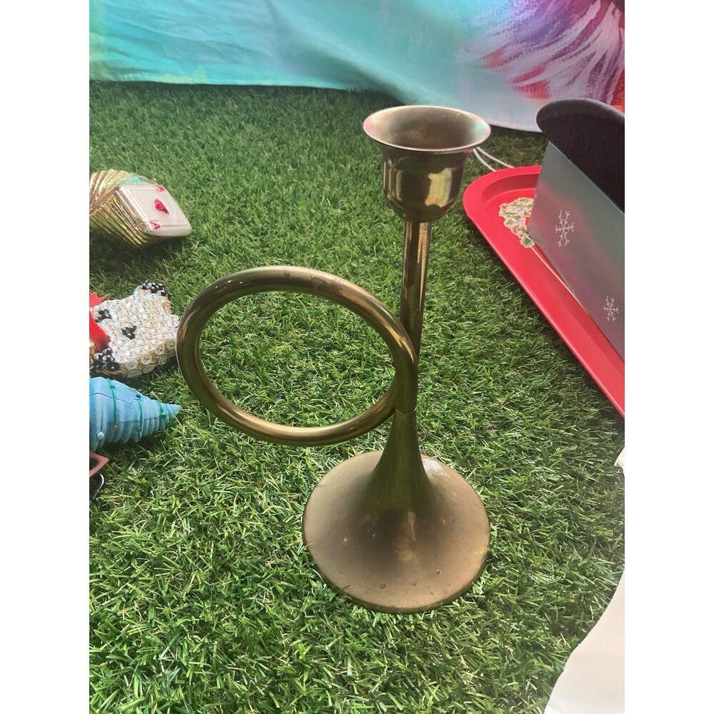 Vintage Silvestri Brass French Horn Candlestick Holder Hong Kong 6.5”